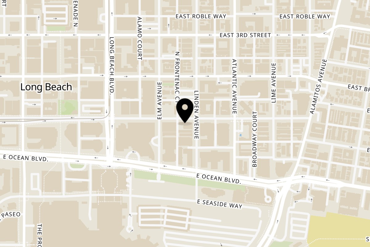 Map showing the location of Madres Brunch Long Beach on 442 E 1st St in Long Beach
