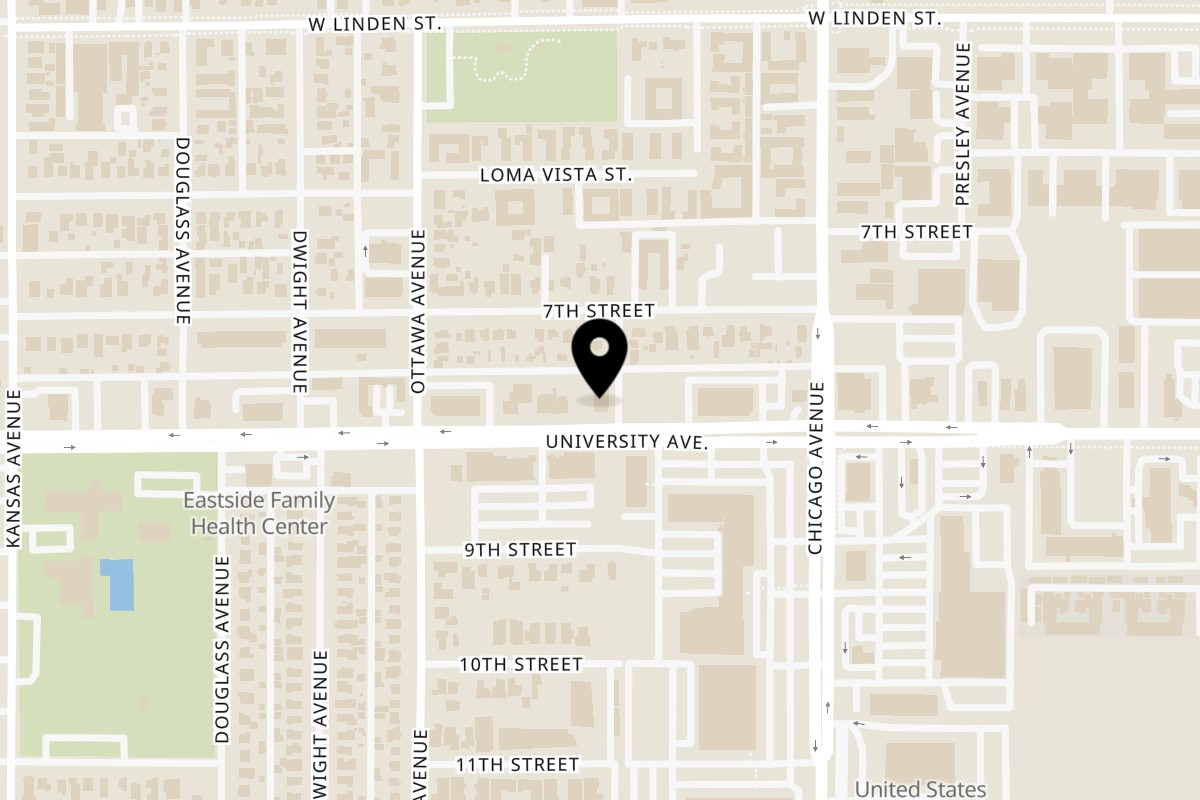 Map showing the location of Madres Brunch Riverside on 1805 University Ave in Riverside